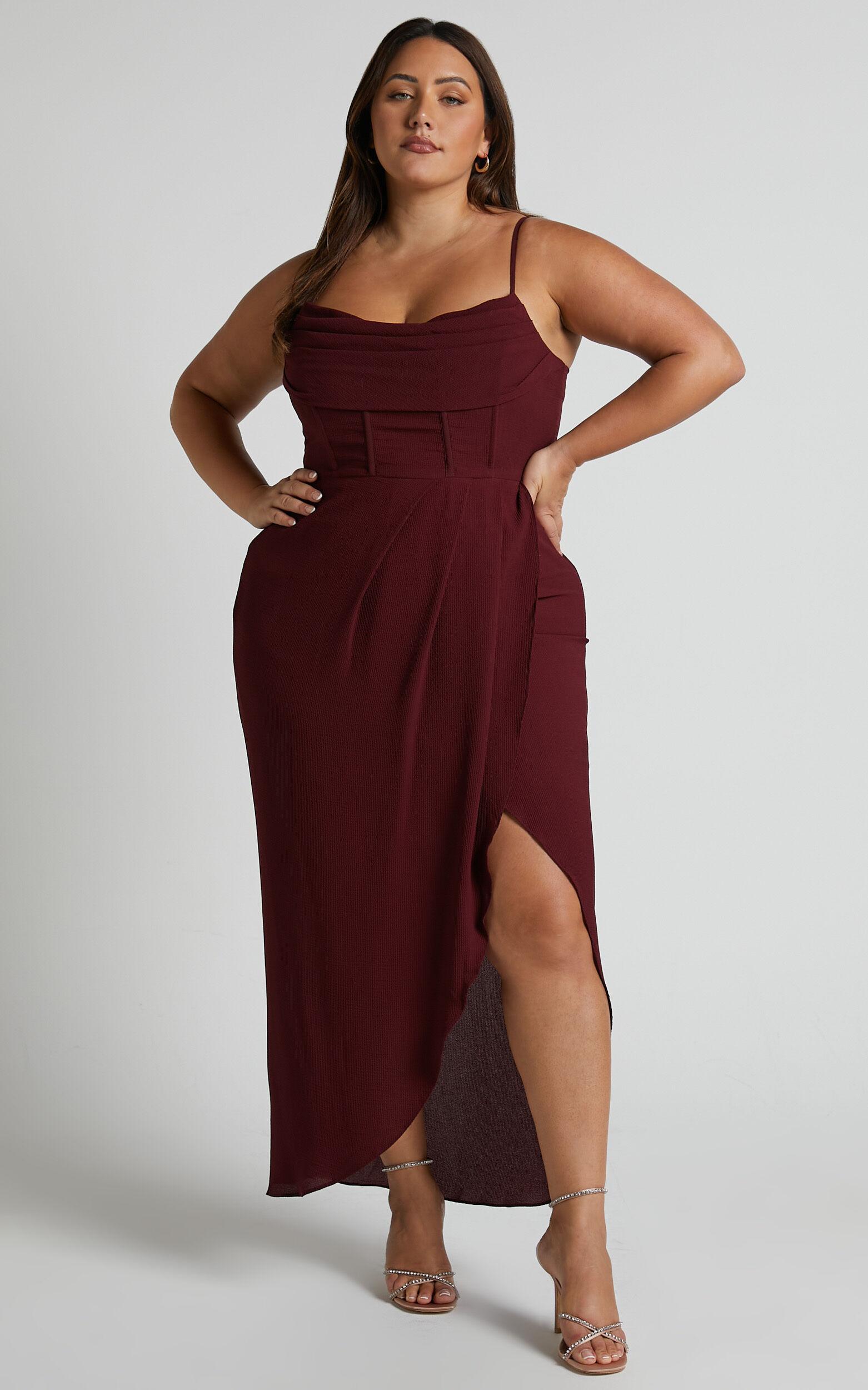 Andrina Midi Dress - High Low Wrap Corset Dress in Wine Product Image