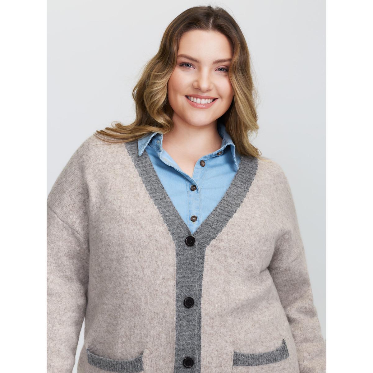 Plus Size Color Contrast Buttons Pockets Knit Cardigan LightBrown Women Leisure Loose Long Sleeve Casual Cardigans BloomChic 10/M Product Image