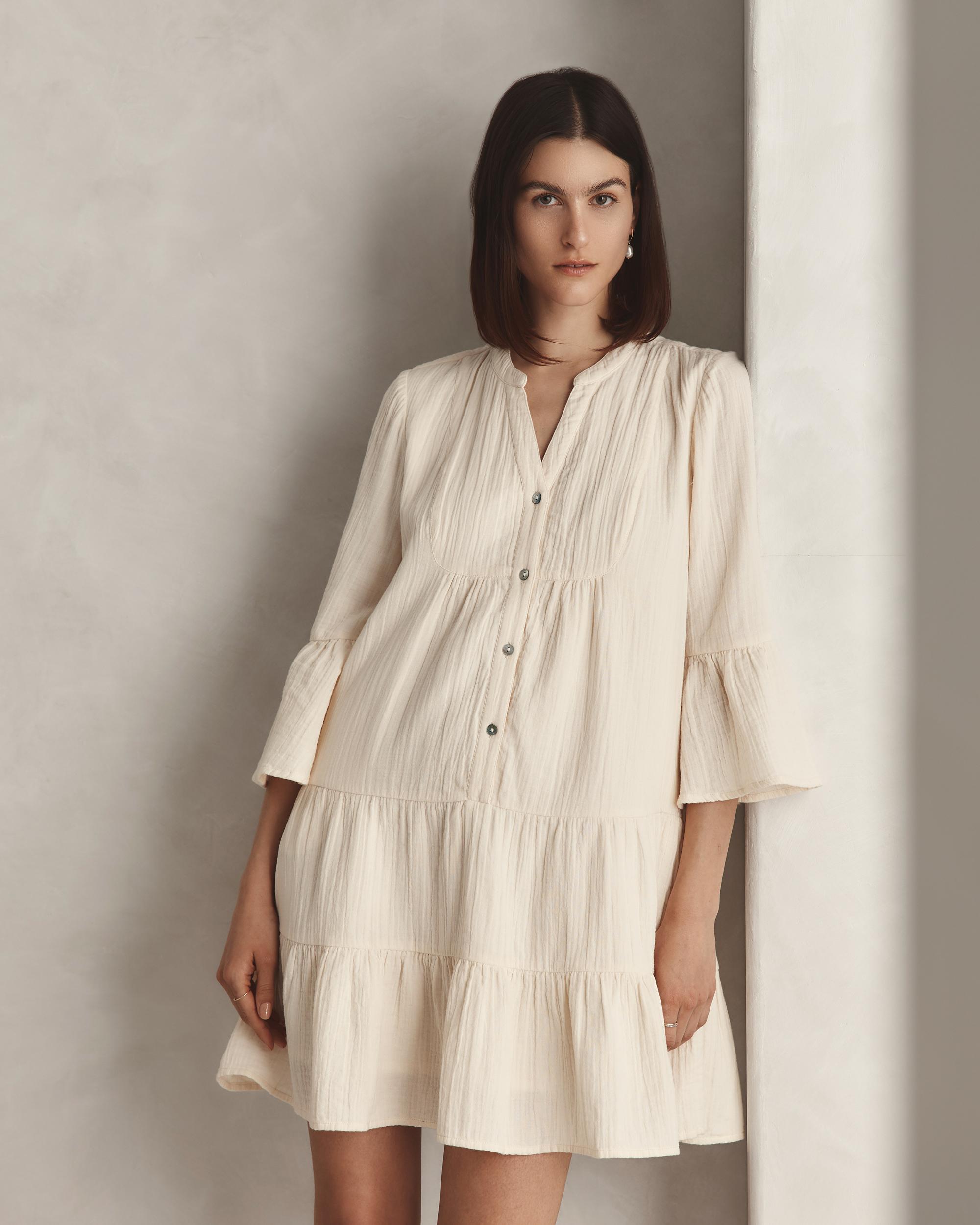 Quince | Women's Gauze Long Sleeve Tiered Mini Dress Organic Cotton Product Image