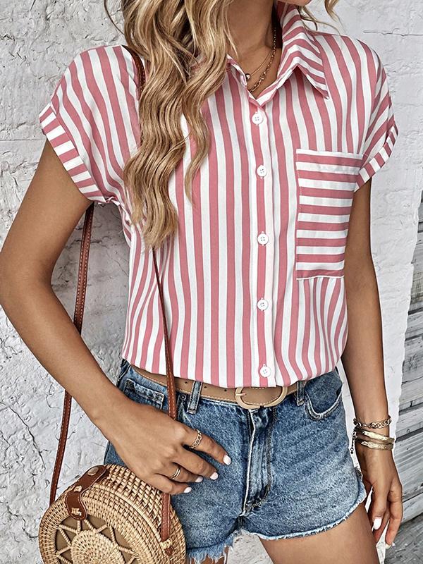 Loose Short Sleeves Contrast Color Split-Joint Striped Patterns Lapel Blouses&Shirts Tops Product Image