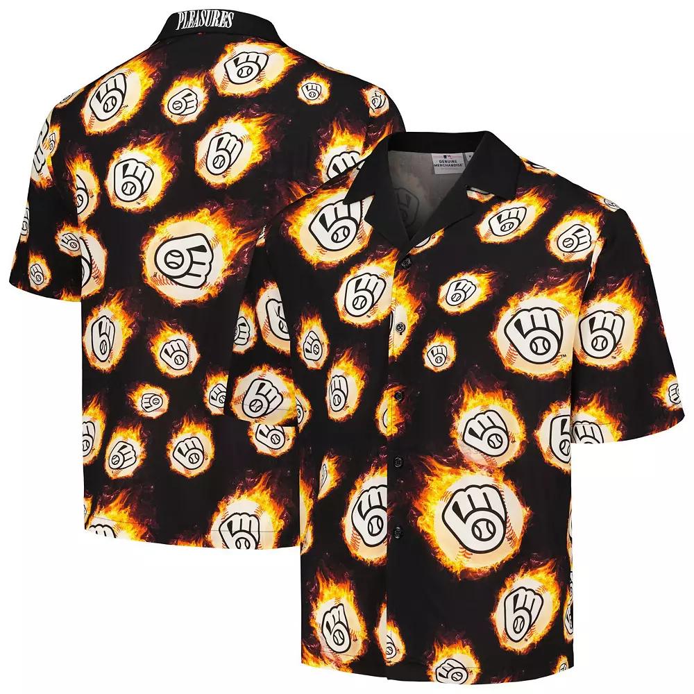 Men's Black Milwaukee Brewers Flame Fireball Button-Up Shirt, Size: Large Product Image