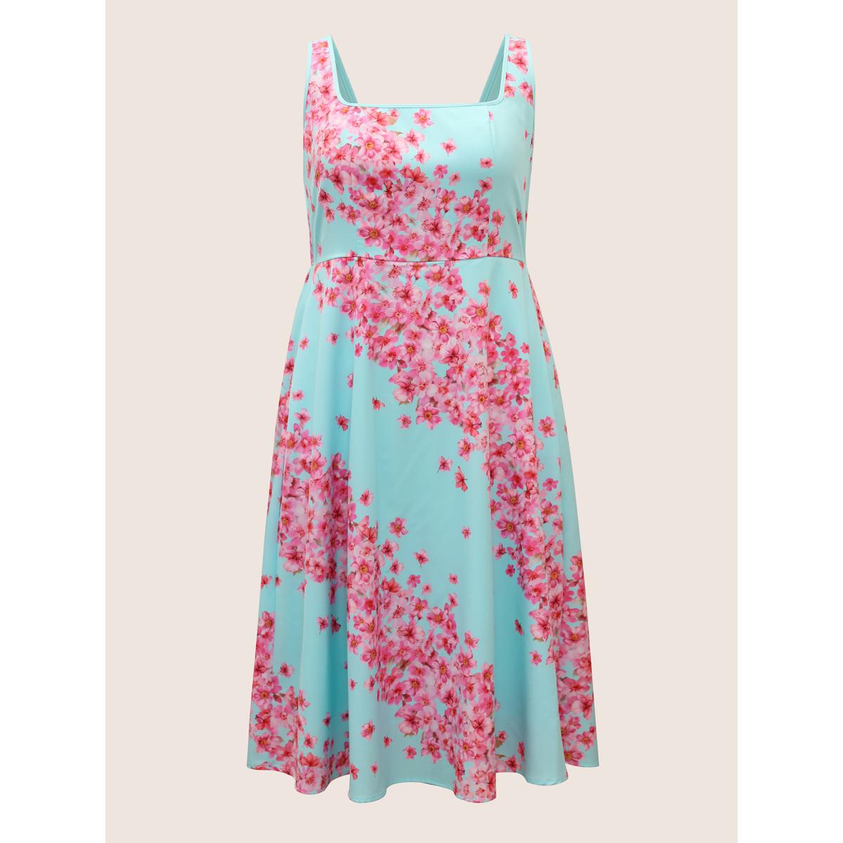 Plus Size Boho Print Square Neck Elastic Waist Dress Skyblue Women Elegant Square Neck Sleeveless Curvy BloomChic 14-16/1X Product Image