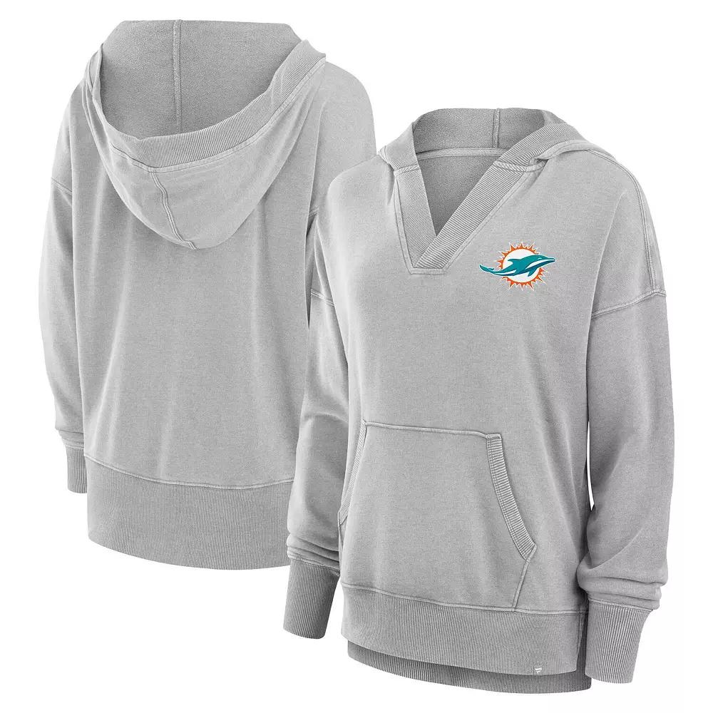 Women's Fanatics Heather Gray Miami Dolphins Initiative Snow Wash French Terry V-Neck Pullover Hoodie,  Product Image