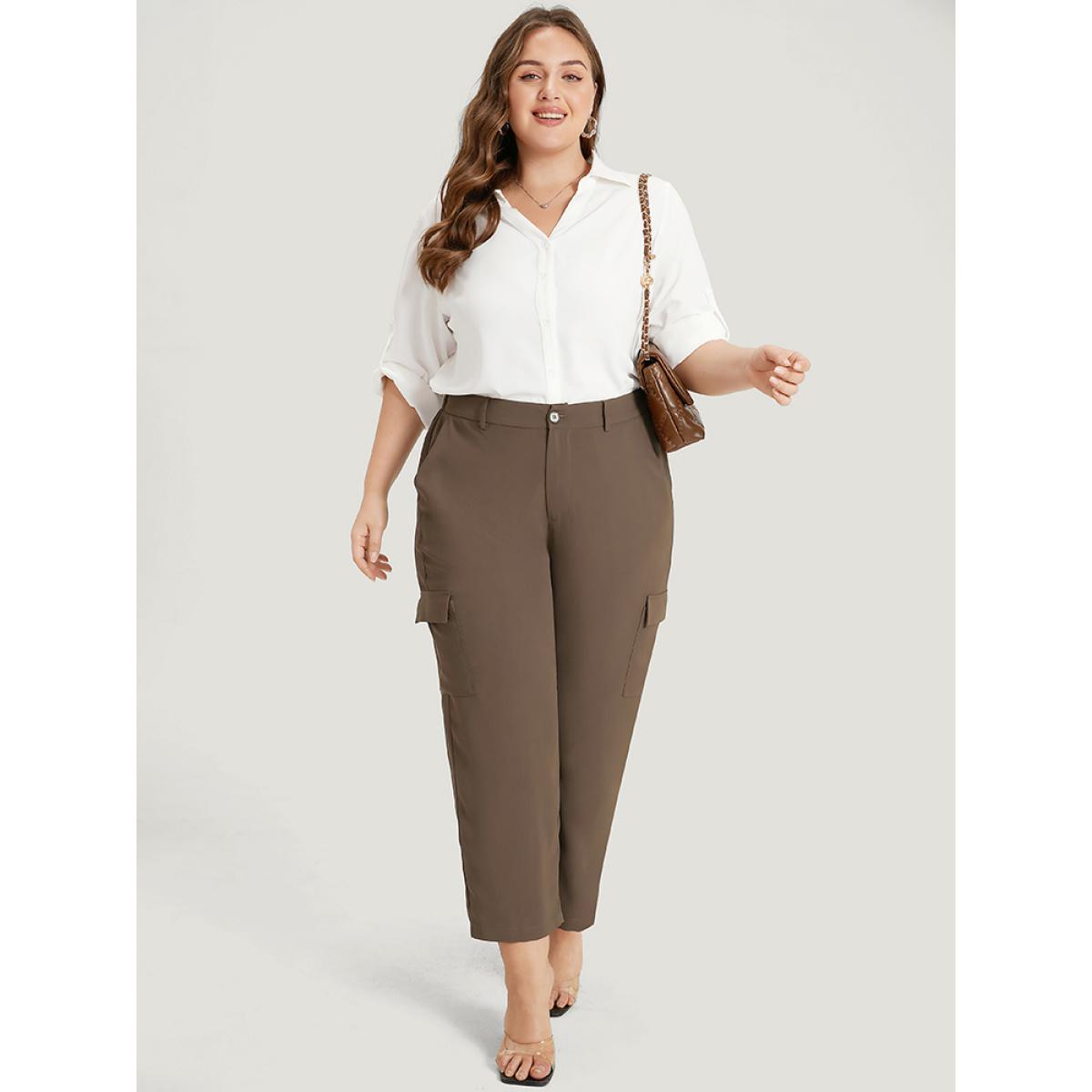 Plus Size Plain Pocket Elastic Waist High Rise Pants Women DarkBrown Office Straight Leg High Rise Office Pants BloomChic 30/6X Product Image
