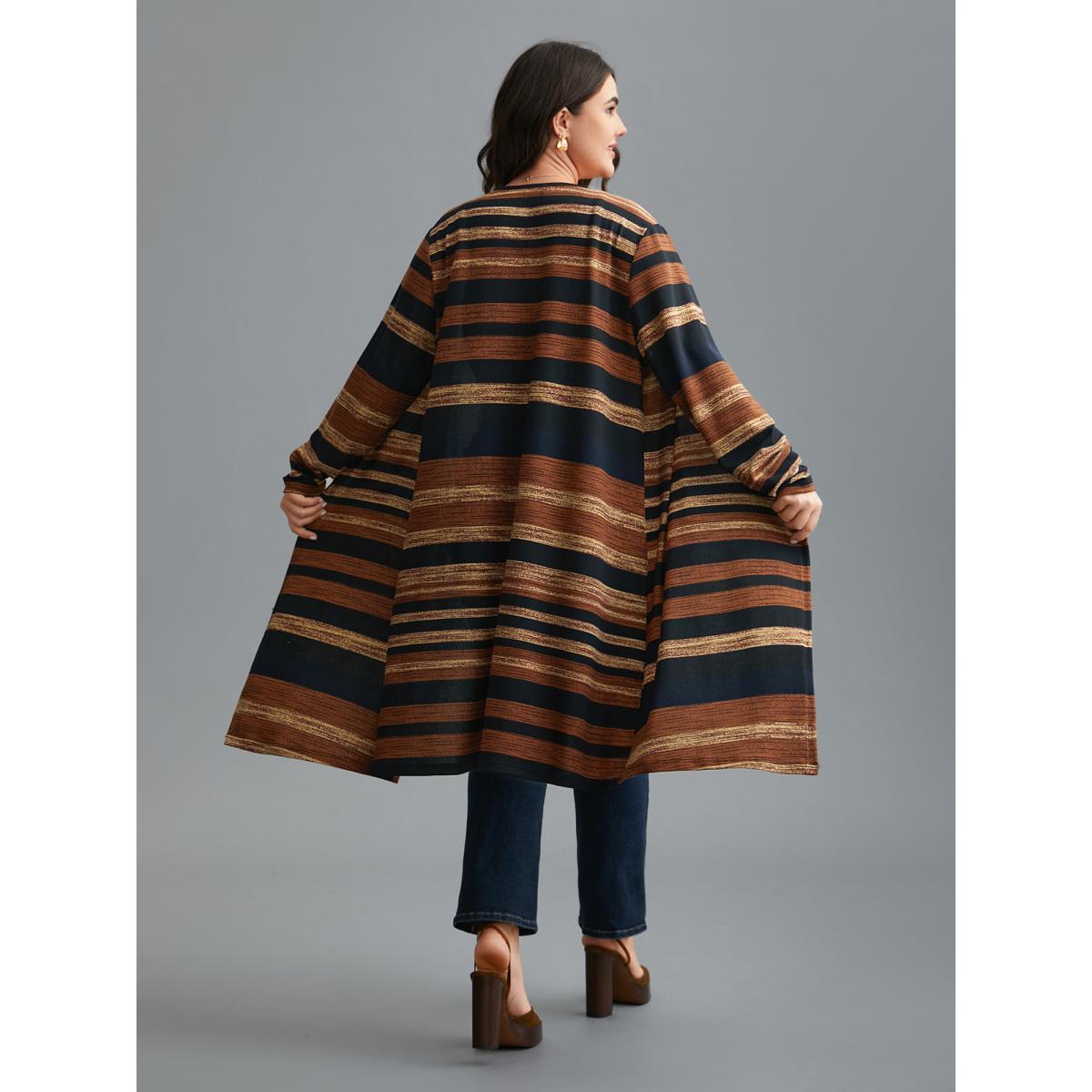 Plus Size Multi-Color Striped Open-Front Long Jacket Women Multicolor Contrast Loose Everyday Jackets BloomChic 10/M Product Image