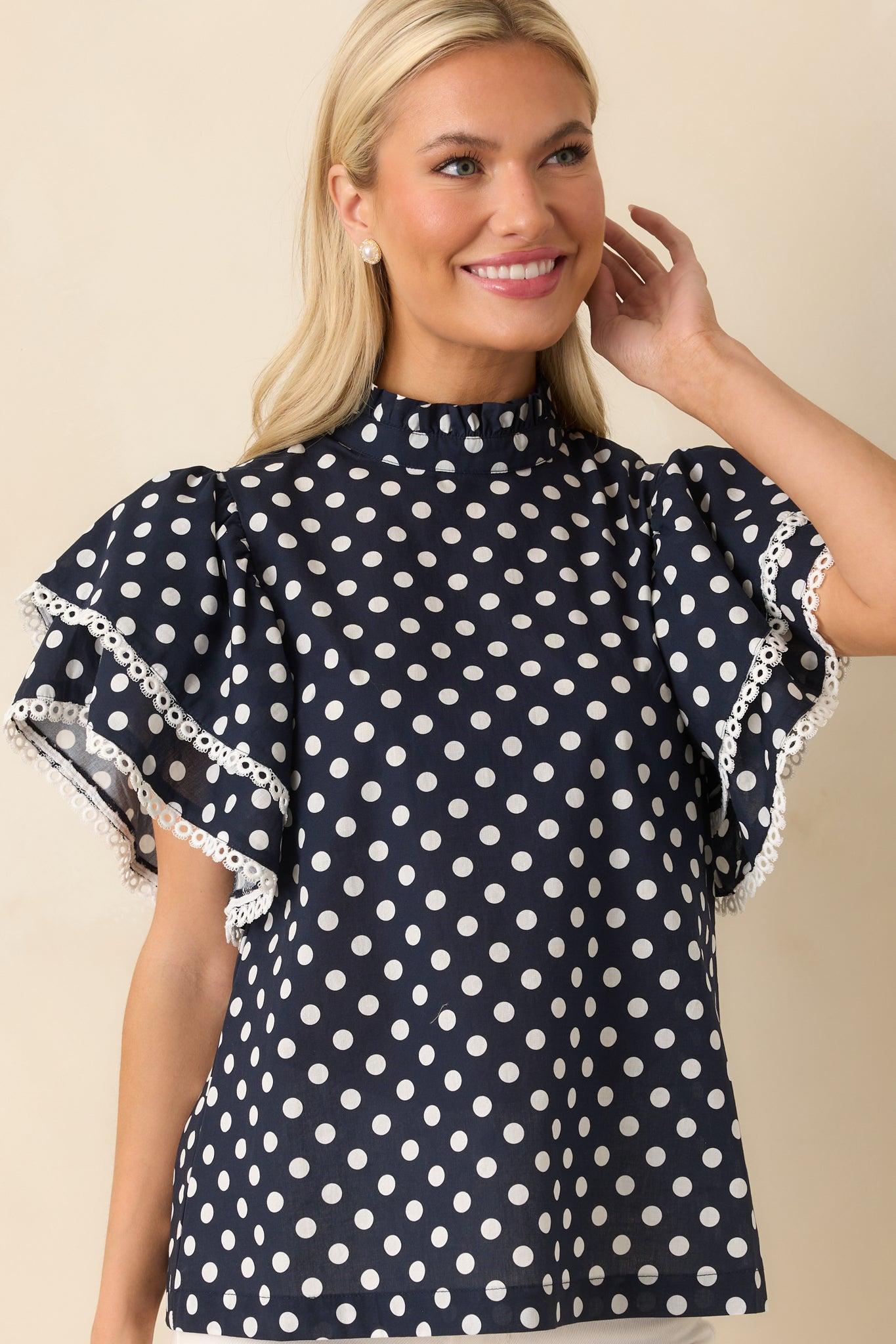 Prosperina Blair Navy Polka Dot Cotton Ruffle Top Product Image