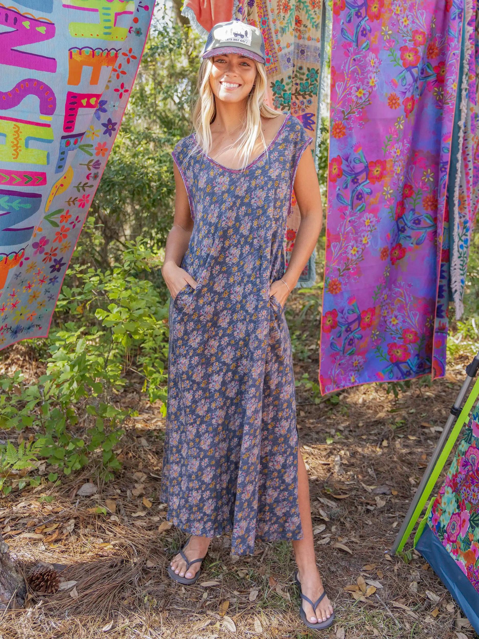 Hangout Cotton Midi Dress - Slate Floral Blooms Product Image