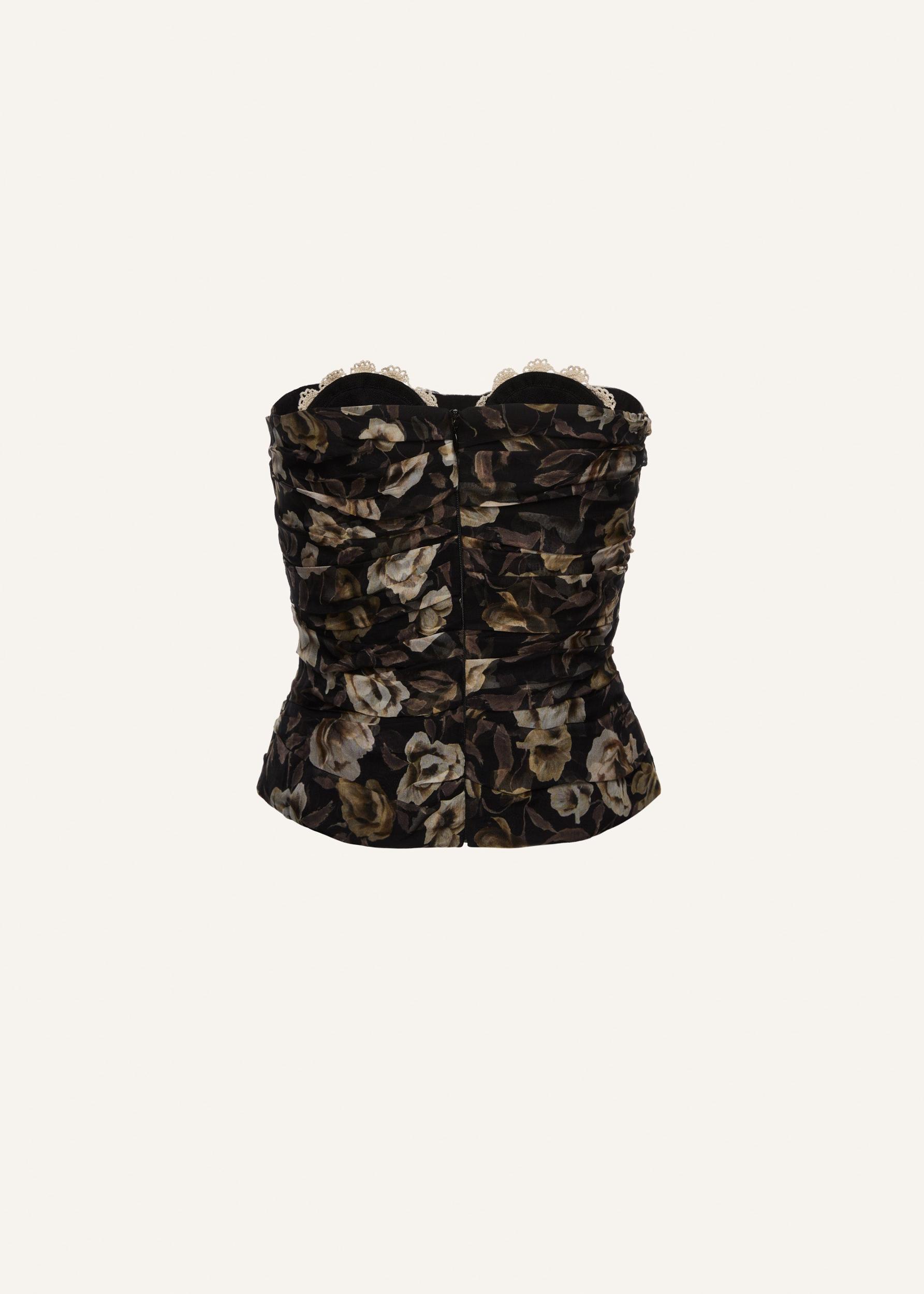 Ruched Lace-detail corset in black print Product Image