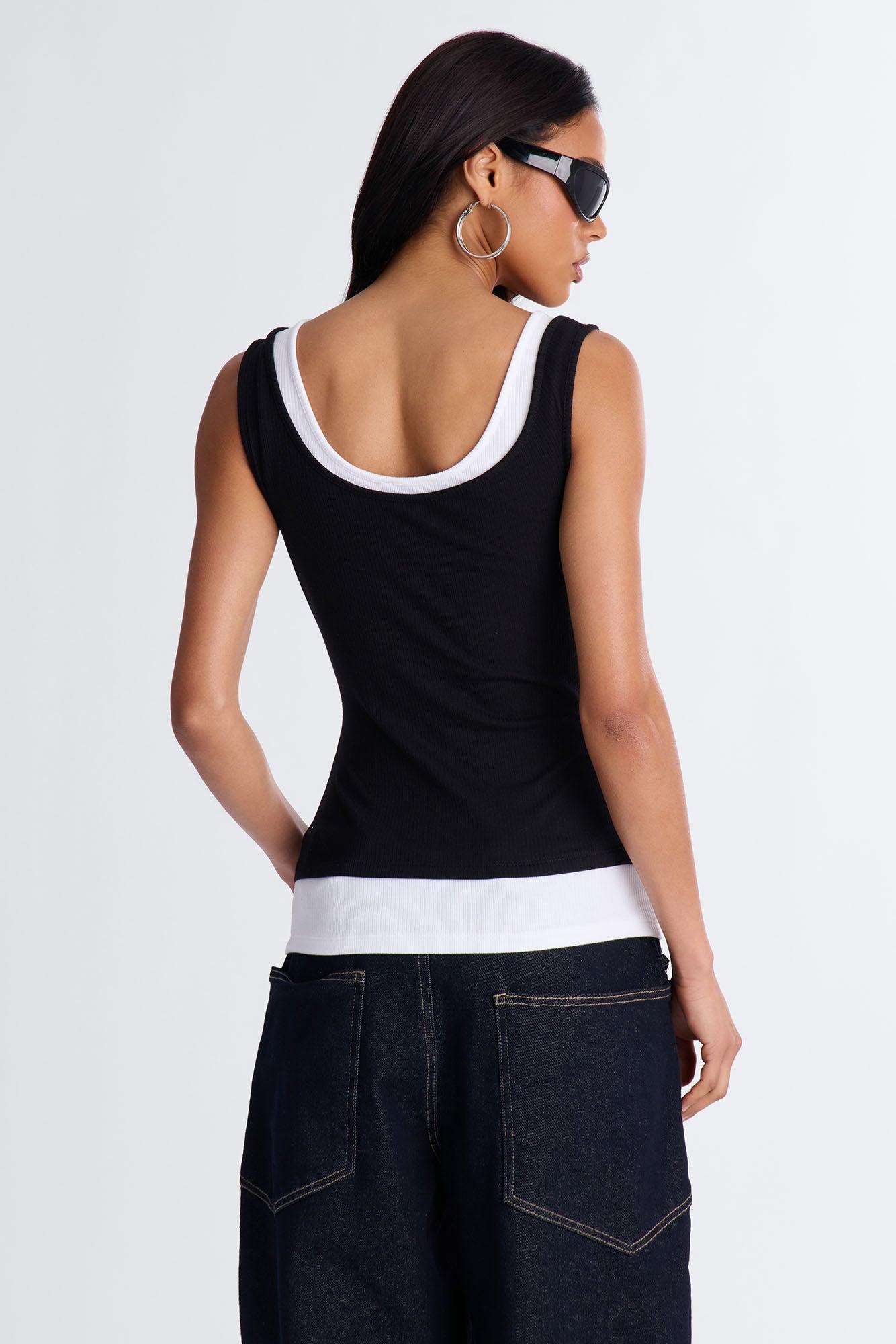 Ashlee Ribbed Layered Off Shoulder Tank Top - Black/White Female Product Image