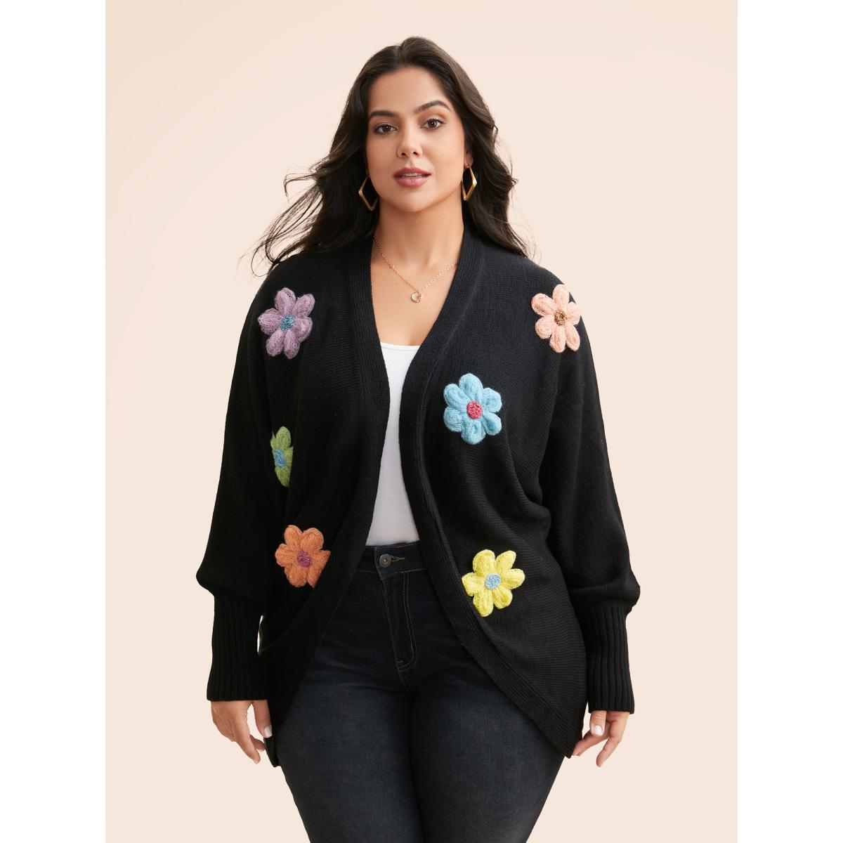 Plus Size Stereo Flower Design Drop Shoulder Cardigan Black Women Casual Loose Long Sleeve Everyday Cardigans BloomChic 30/6X Product Image
