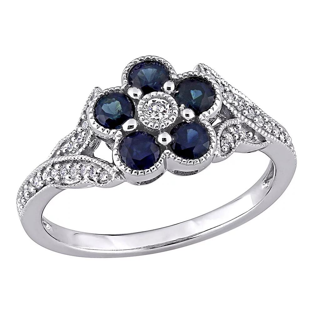 Stella Grace 10K White Gold Sapphire & 1/6 Carat T.W. Diamond Flower Ring, Women's, Size: 4.50, 14k Whgold Product Image