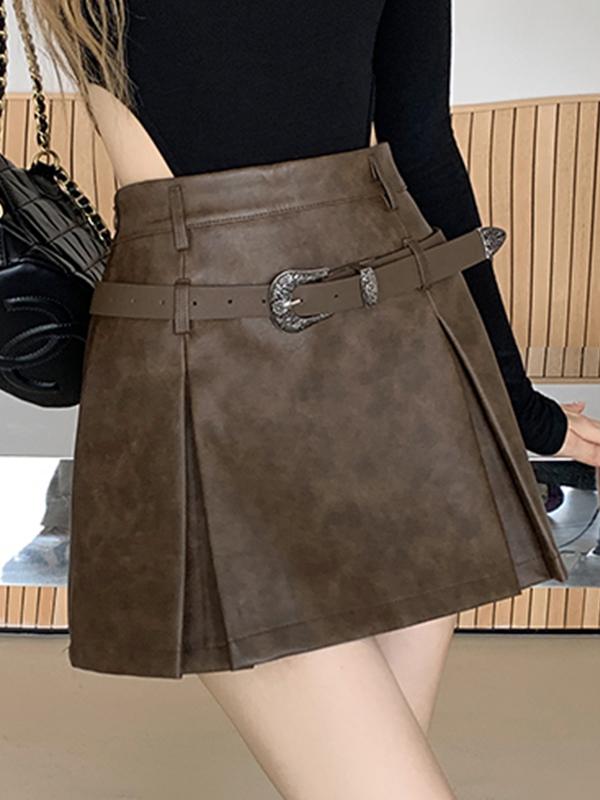 Vintage Leather Pleated A Line Mini Skirt Product Image