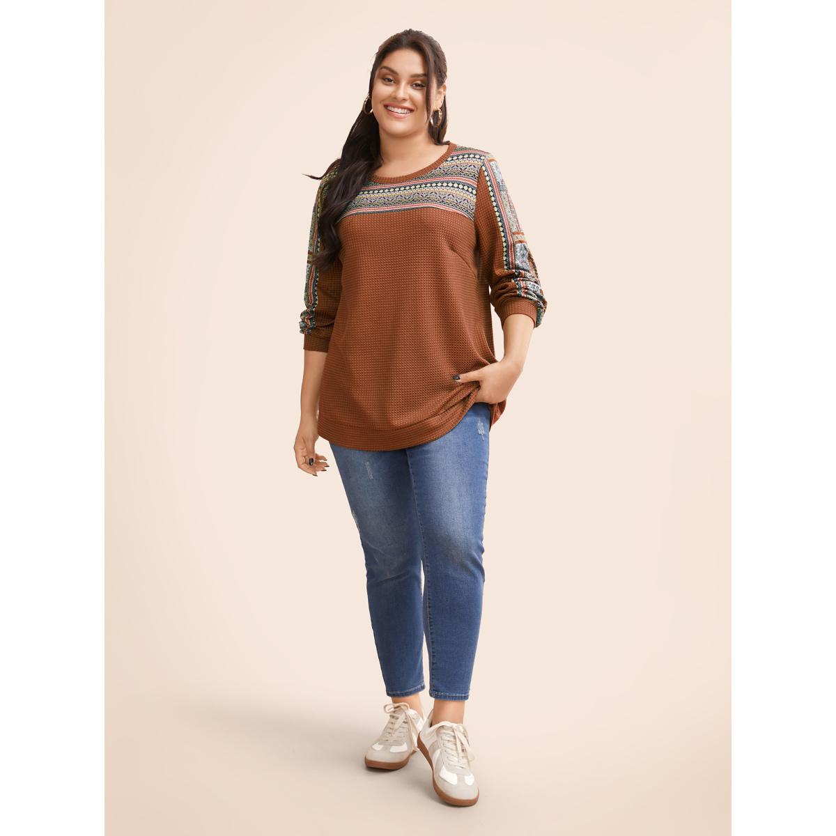 Plus Size Boho Print Patchwork Waffle Knit Crew Neck Sweatshirt Women Brown Leisure Elastic cuffs Round Neck Casual Sweatshirts BloomChic 14-16/1X Product Image