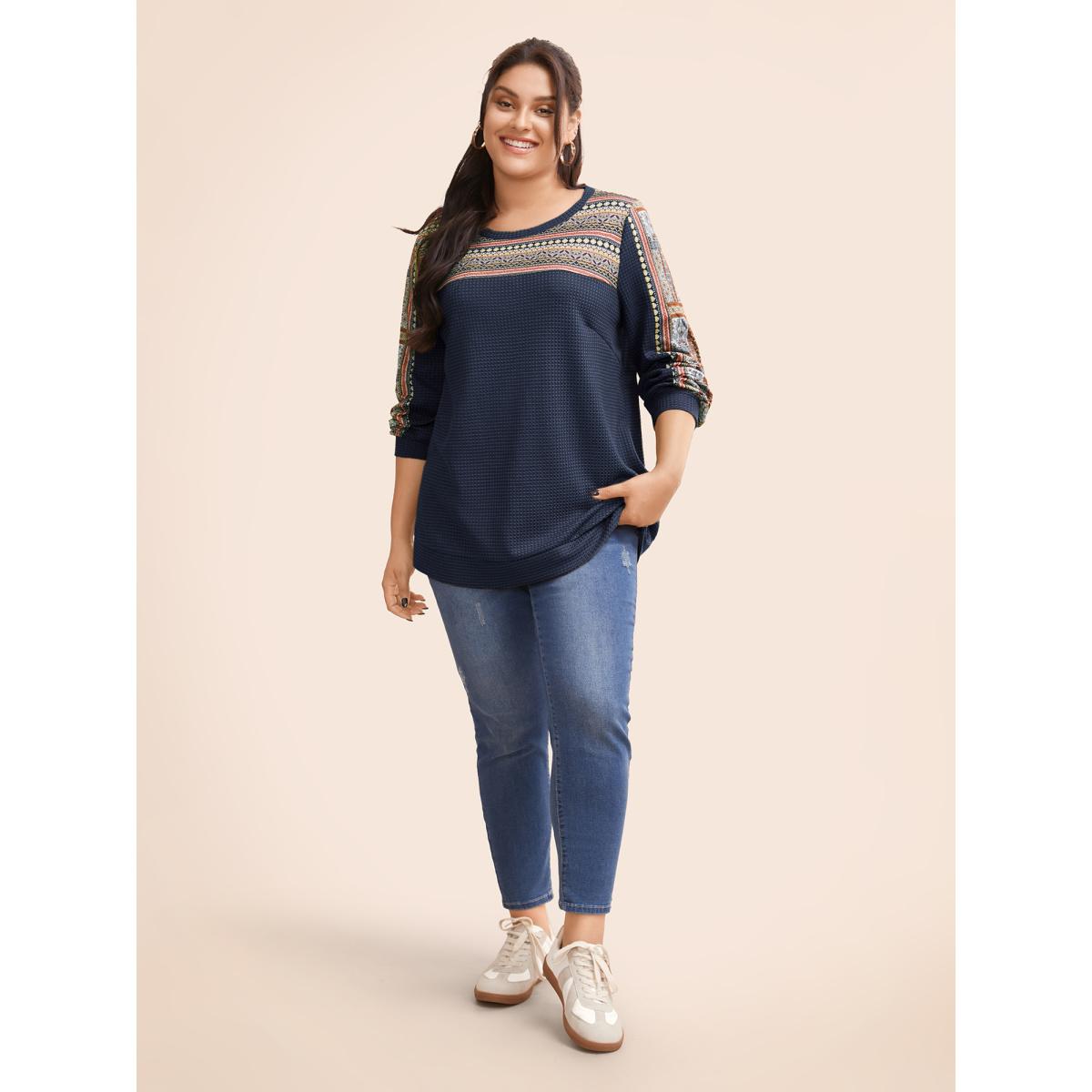 Plus Size Boho Print Patchwork Waffle Knit Crew Neck Sweatshirt Women Indigo Leisure Elastic cuffs Round Neck Casual Sweatshirts BloomChic 14-16/1X Product Image