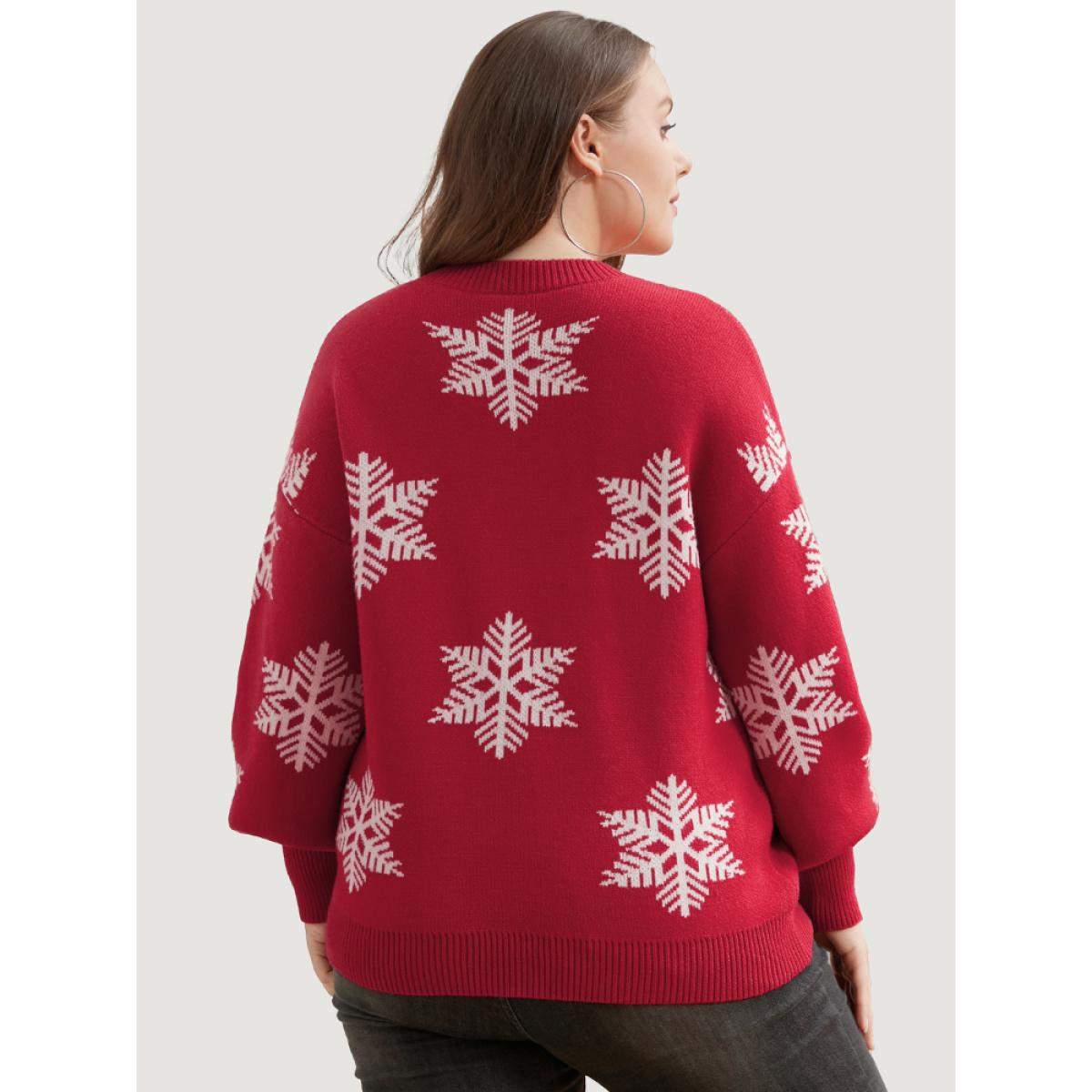 Plus Size Snowflake Super Soft Plush Knit Lantern Sleeve Jacquard Knit Top Red Women Casual Loose Long Sleeve Dailywear Pullovers BloomChic 28/5X Product Image