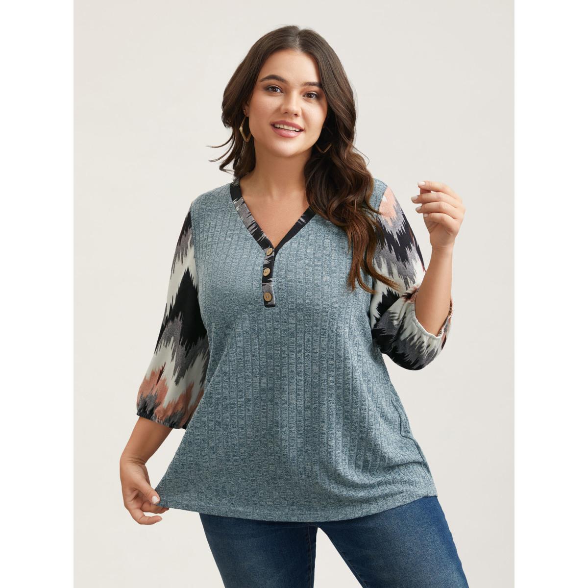 Plus Size Textured Spliced V-Neck T-Shirt Cerulean Women Casual Texture Polo Everyday T-shirts BloomChic 26/4X Product Image