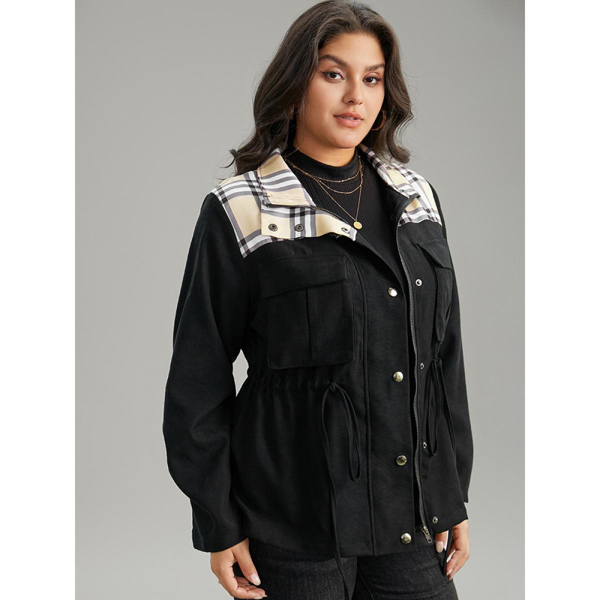 Plus Size Plaid Patchwork Drawstring Zipper Fly Flap Pocket Coat Women Black Casual Contrast Ladies Everyday Winter Coats BloomChic 28/5X Product Image
