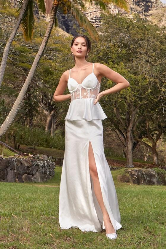 Iconic Adoration White Satin Peplum Sheer Bustier Maxi Dress Product Image