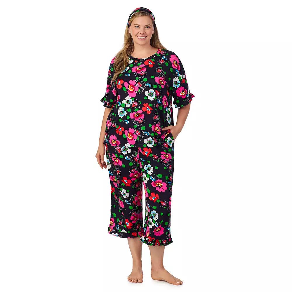 Plus Size Cuddl Duds® 3-Piece Short Sleeve Pajama Top, Cropped Pajama Pants & Headband Set, Women's, Size: 2XL, Blue Floral Product Image