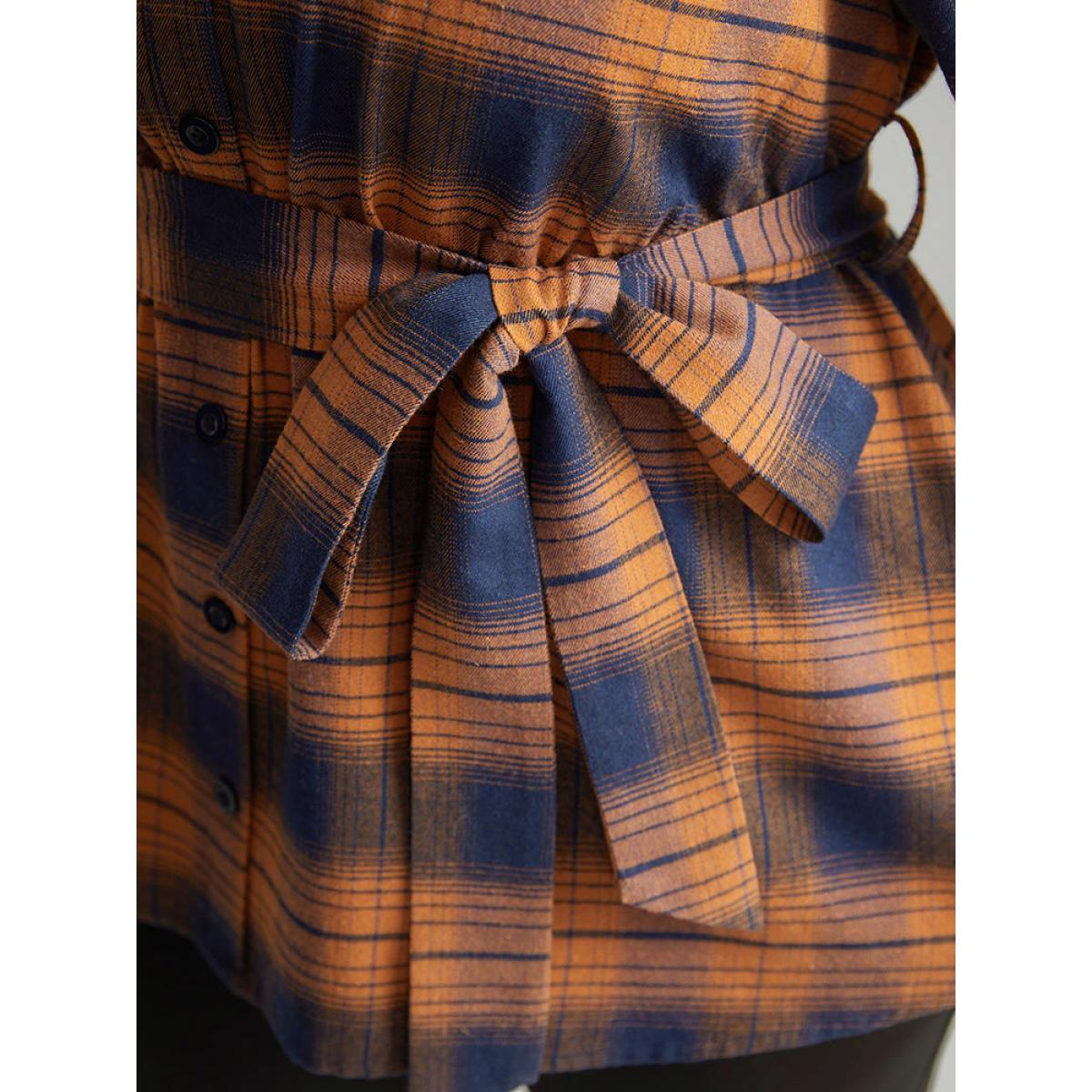 Plus Size Chocolate Plaid Elastic Waist Shirt Collar Blouse Women Elegant Long Sleeve Shirt collar Dailywear Blouses BloomChic 10/M Product Image