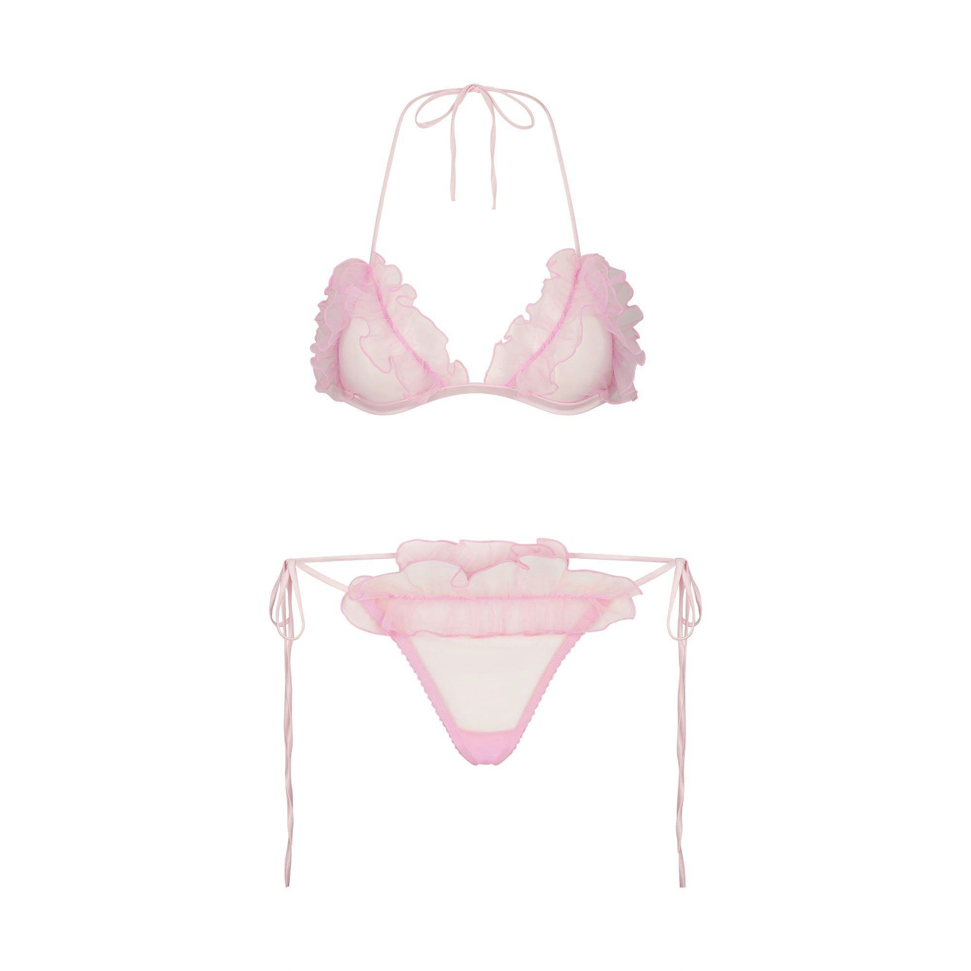 EMBROIDERED TULLE TIE BRALETTE AND THONG SET | BUBBLE GUM Product Image