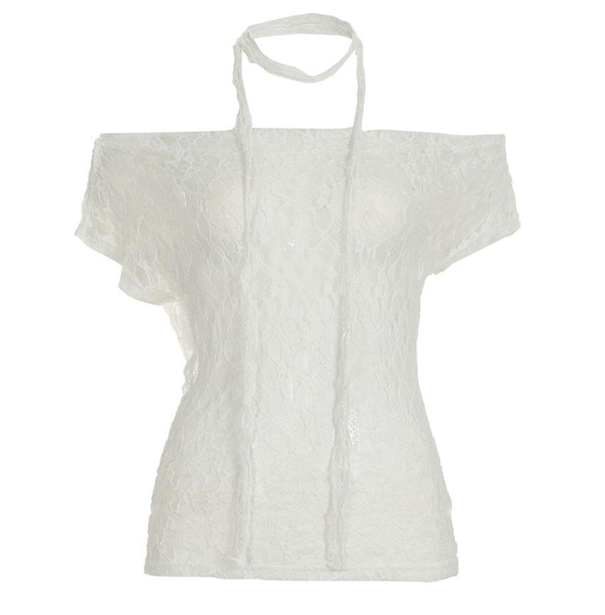 Set: Short-Sleeve Off-Shoulder Lace Top + Thin Scarf Product Image