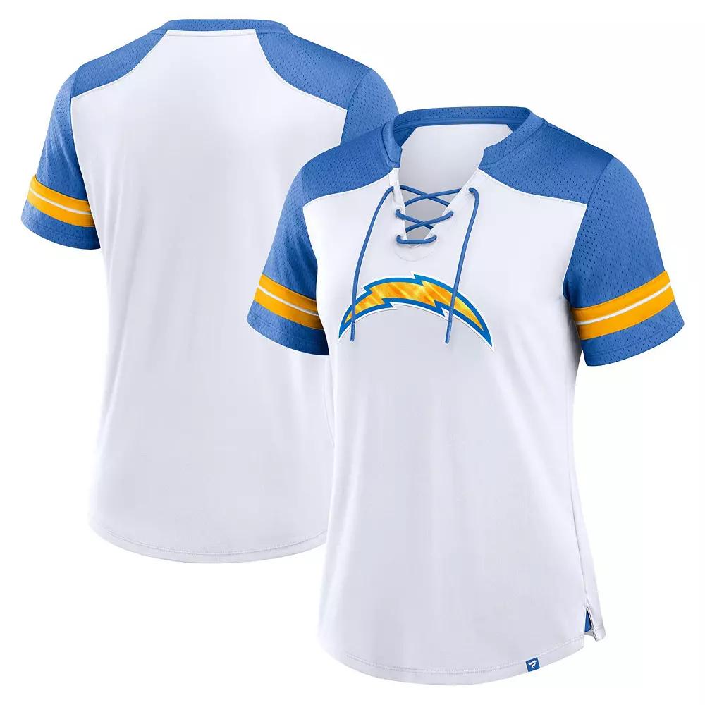 Women's Fanatics White/Powder Blue Los Angeles Chargers Foiled Primary Lace-Up T-Shirt, Size: 3XL Product Image