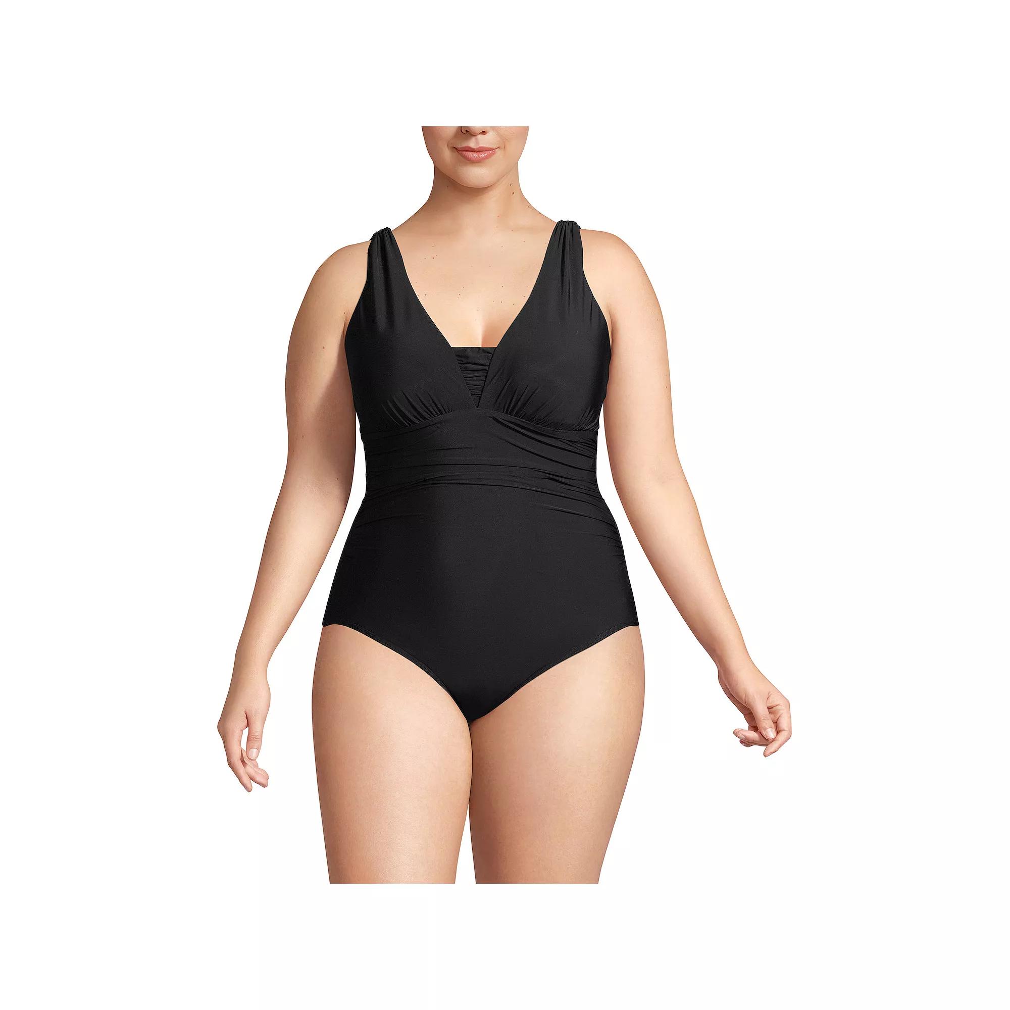 Plus Size Lands' End SlenderSuit Long Torso Grecian Tummy Control One-Piece Swimsuit, Women's, Size: 18 W LONG, Black Product Image