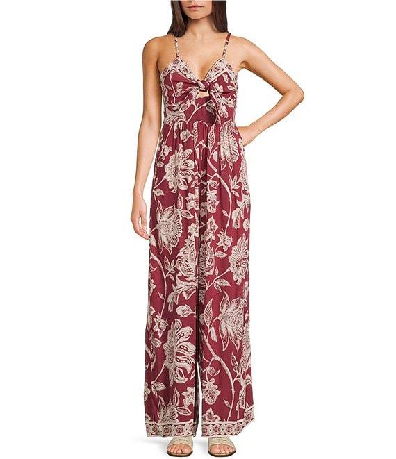 Angie Sleeveless Border Print Keyhole Knot Front Wide Leg Jumpsuit Product Image