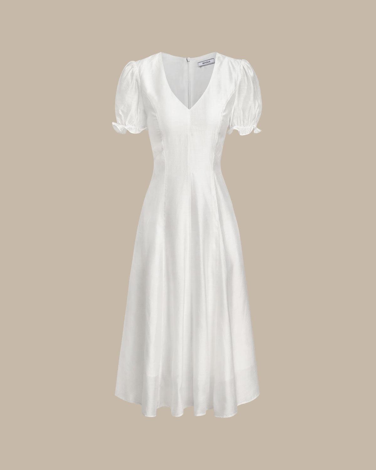 White Puffed Sleeve V Neck Midi Dress Product Image