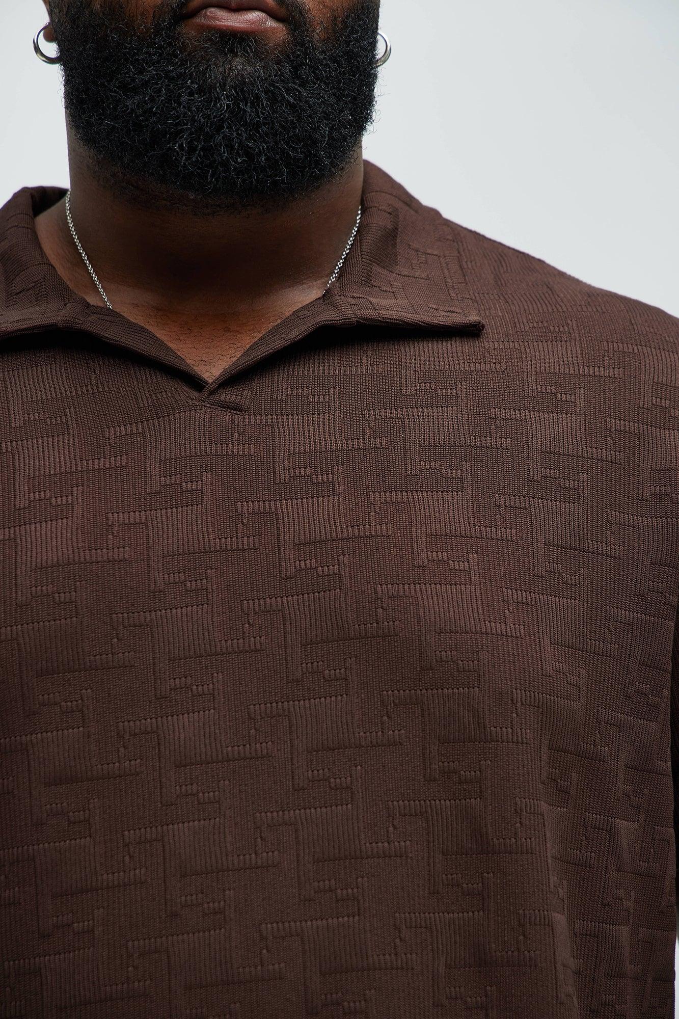 Ethel Textured Knit Johnny Collar Shirt - Brown Product Image