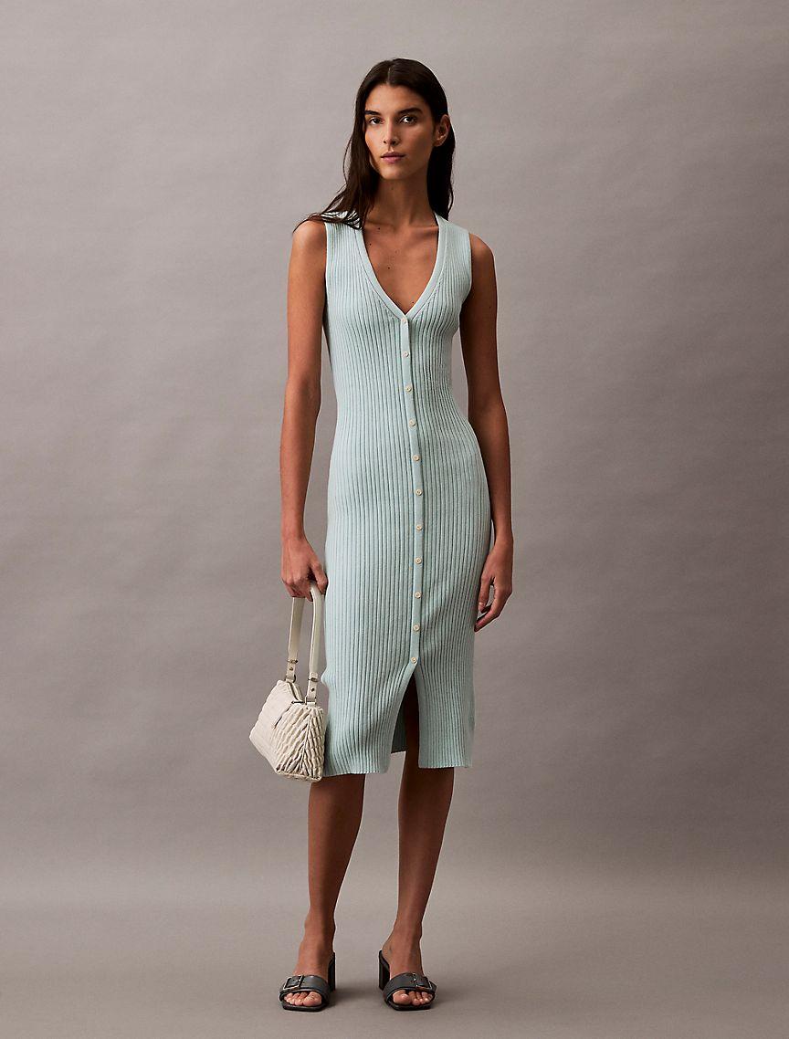 Smooth Cotton Rib Sweater Midi V-Neck Dress Product Image