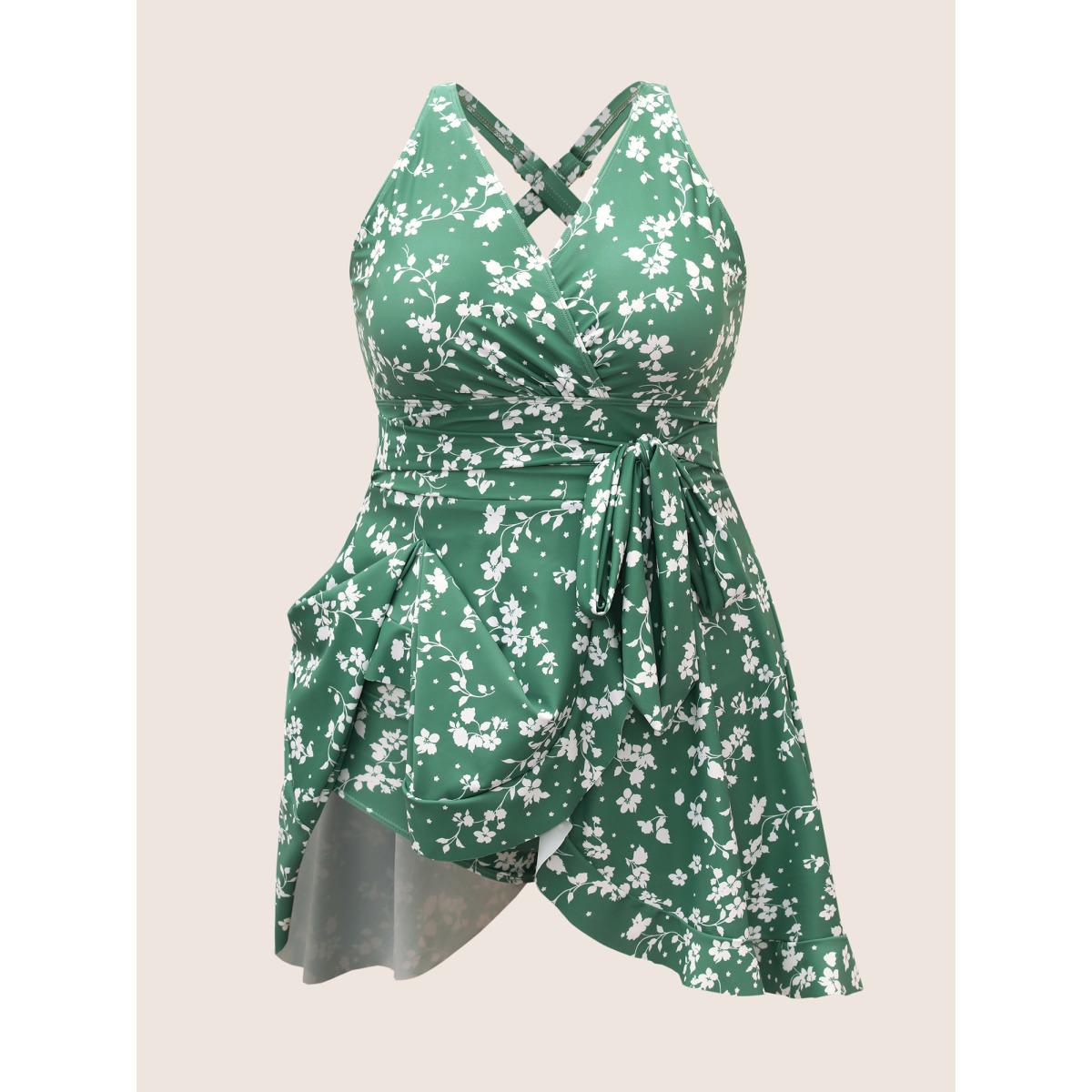 Plus Size Ditsy Floral Overlap Collar Tie Knot Swim Dress Women's Swimwear Palemauve Beach Bodycon Overlap Collar High stretch Curve Swim Dresses BloomChic 30/6X Product Image