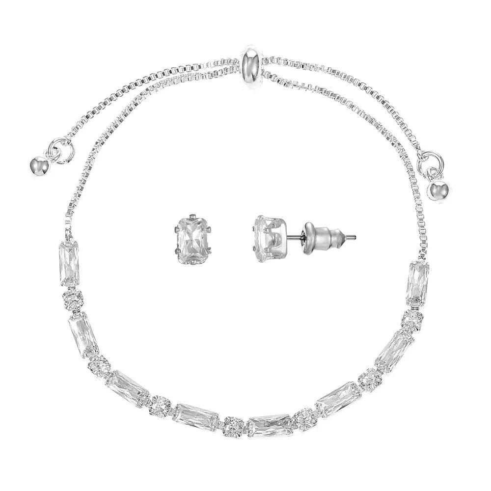 Silver Tone Cubic Zirconia Adjustable Bracelet & Stud Earrings Set, Women's, Size: 4-10" ADJ, Silver Tone Clear Product Image