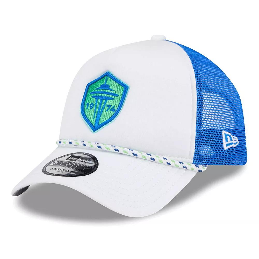 Men's New Era White/Blue Seattle Sounders FC Court Sport Foam A-Frame 9FORTY Adjustable Trucker Hat Product Image