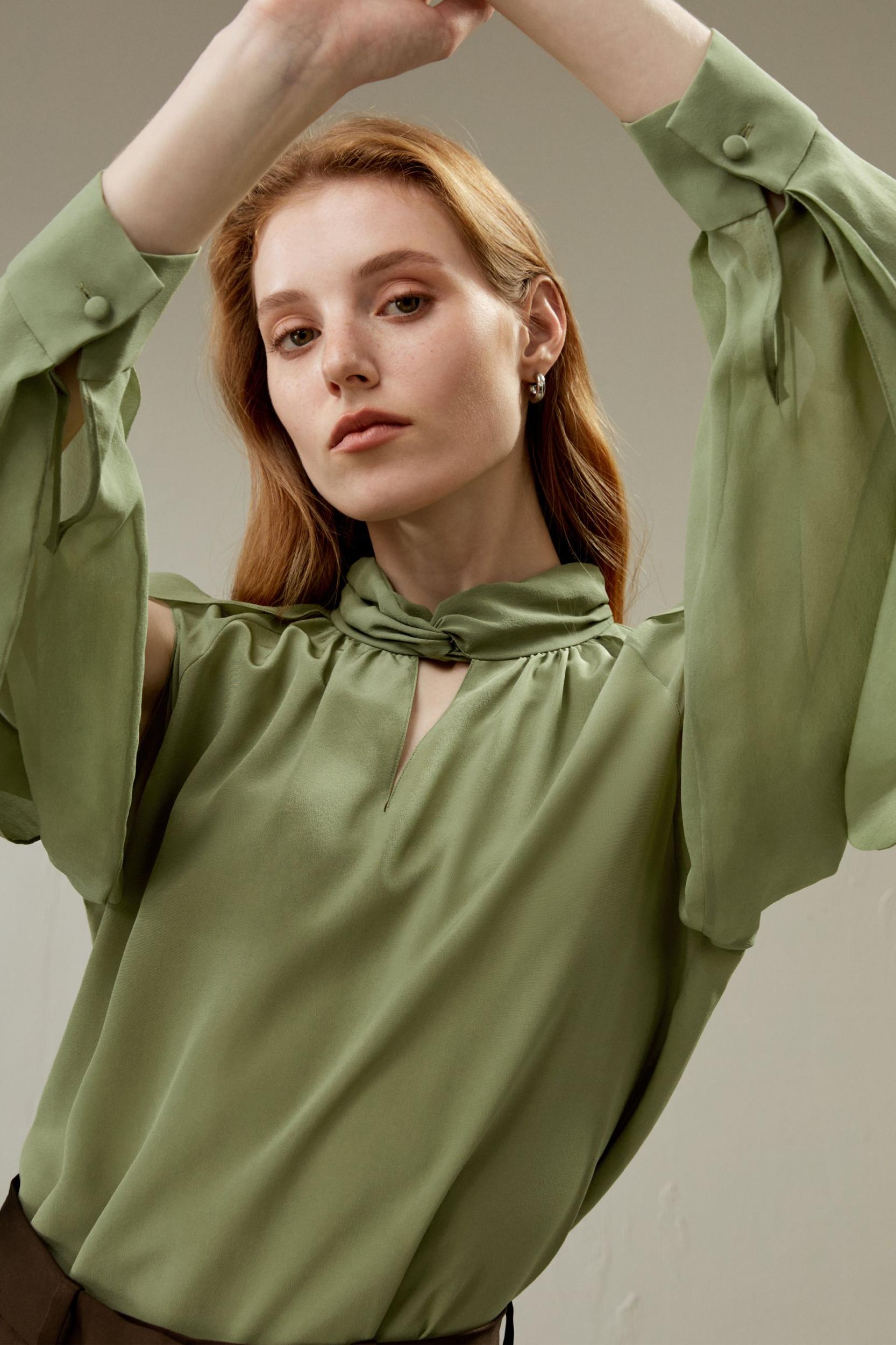 LILYSILK Women's Silk Crepe Side Slit Lantern Sleeve Blouse Top Pistachio XXS Product Image