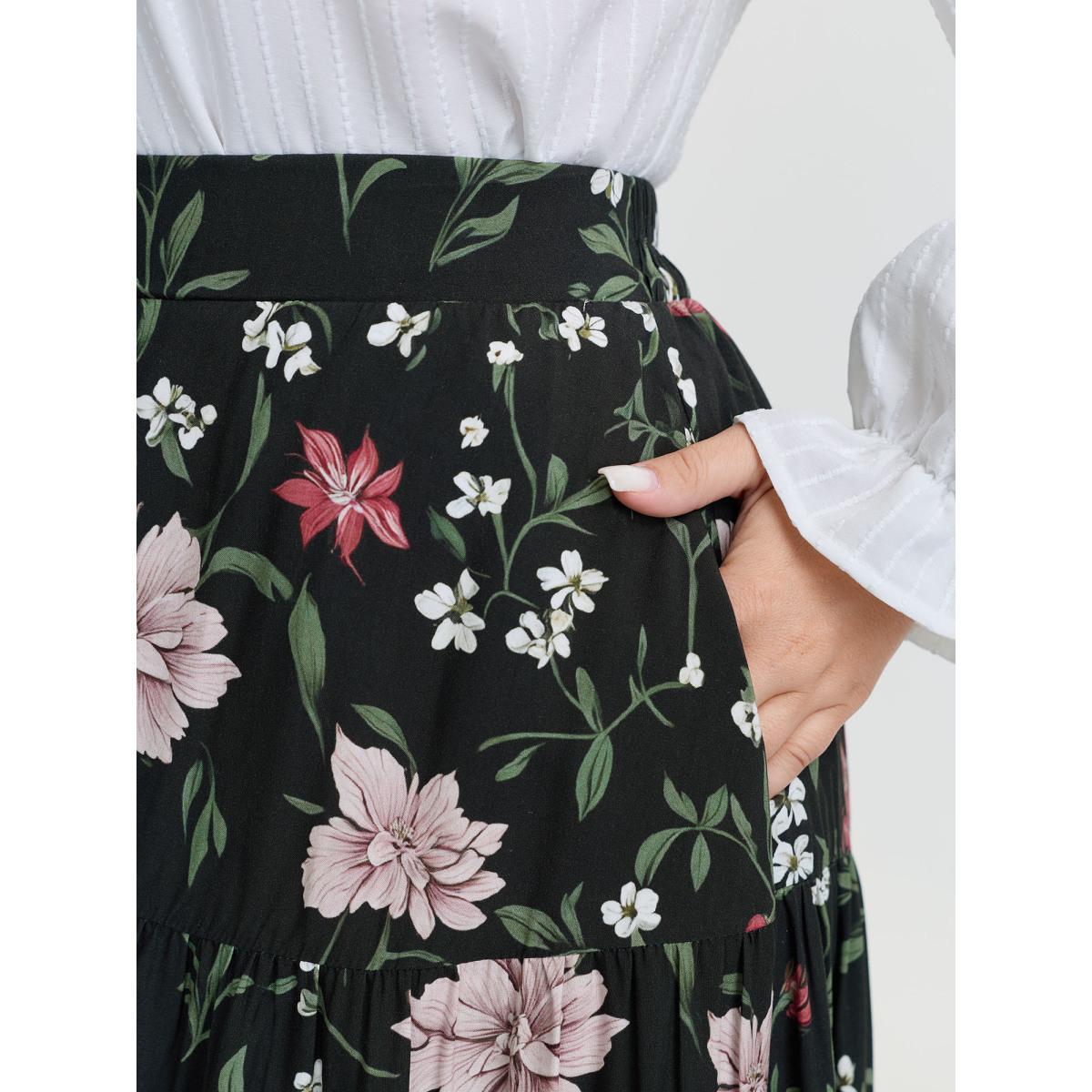 Plus Size Floral Print Stretchy Waistband Maxi Skirt Women Black Romantic No stretch Side seam pocket Elegant Skirts BloomChic 12/L Product Image