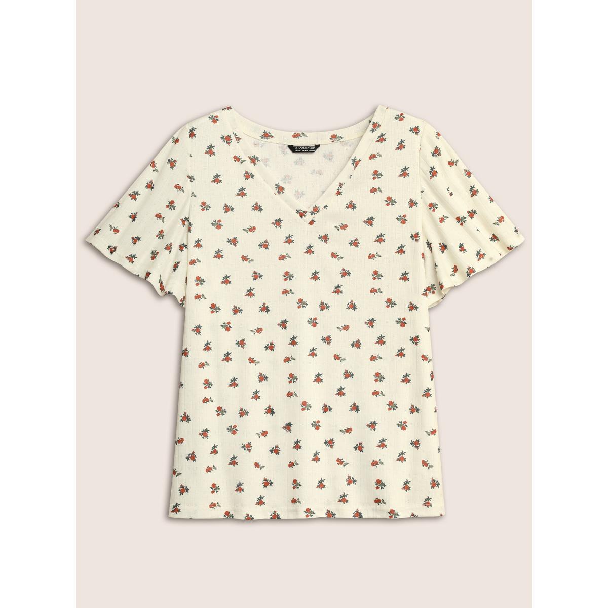 Plus Size Natural Flowers V Neck Flutter Sleeve T-shirt Beige Women Elegant Contrast Natural Flowers V-neck Everyday T-shirts BloomChic 26/4X Product Image