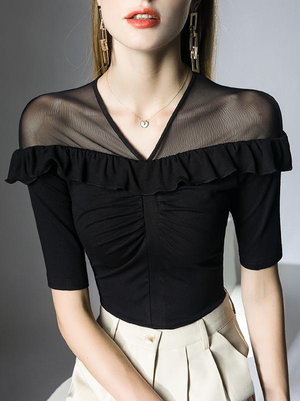 Half Sleeves Skinny Pleated Ruffle Trim Solid Color Split-Joint V-Neck T-Shirts Tops Product Image