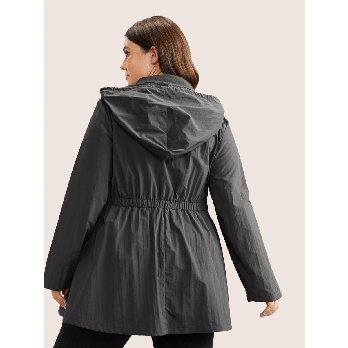 Plus Size Plain Hooded Drawstring Gathered Zipper Jacket Women DimGray Non Patch pocket Everyday Jackets BloomChic 10/M Product Image