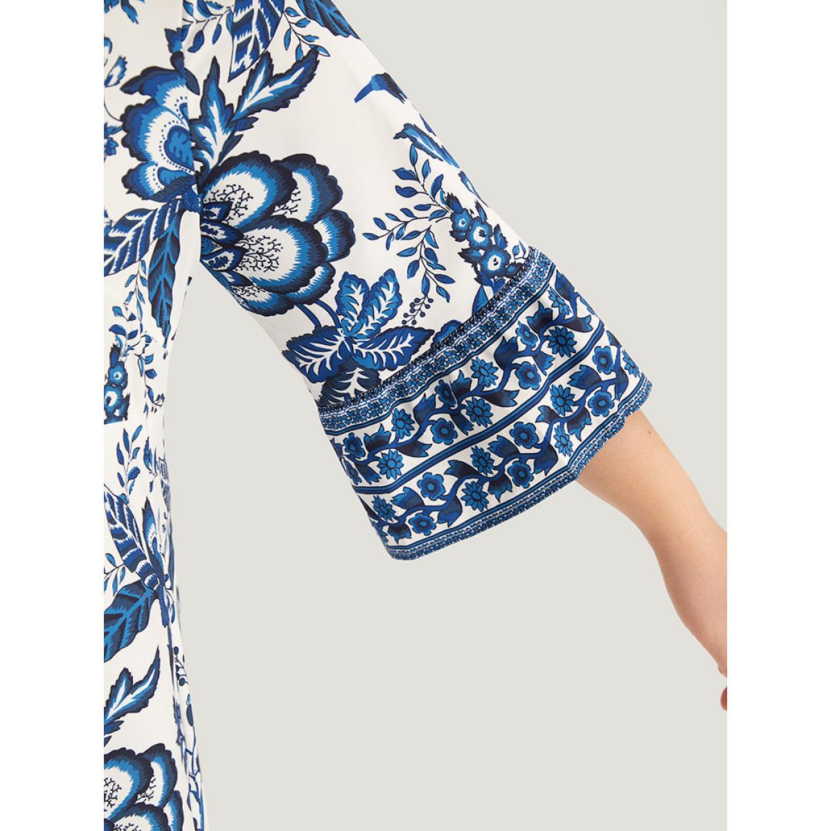 Plus Size Bandana Print Knot Neck Button Detail Dress DarkBlue Women Vacation Cross straps V-neck Elbow-length sleeve Curvy Midi Dress BloomChic 22-24/3X Product Image