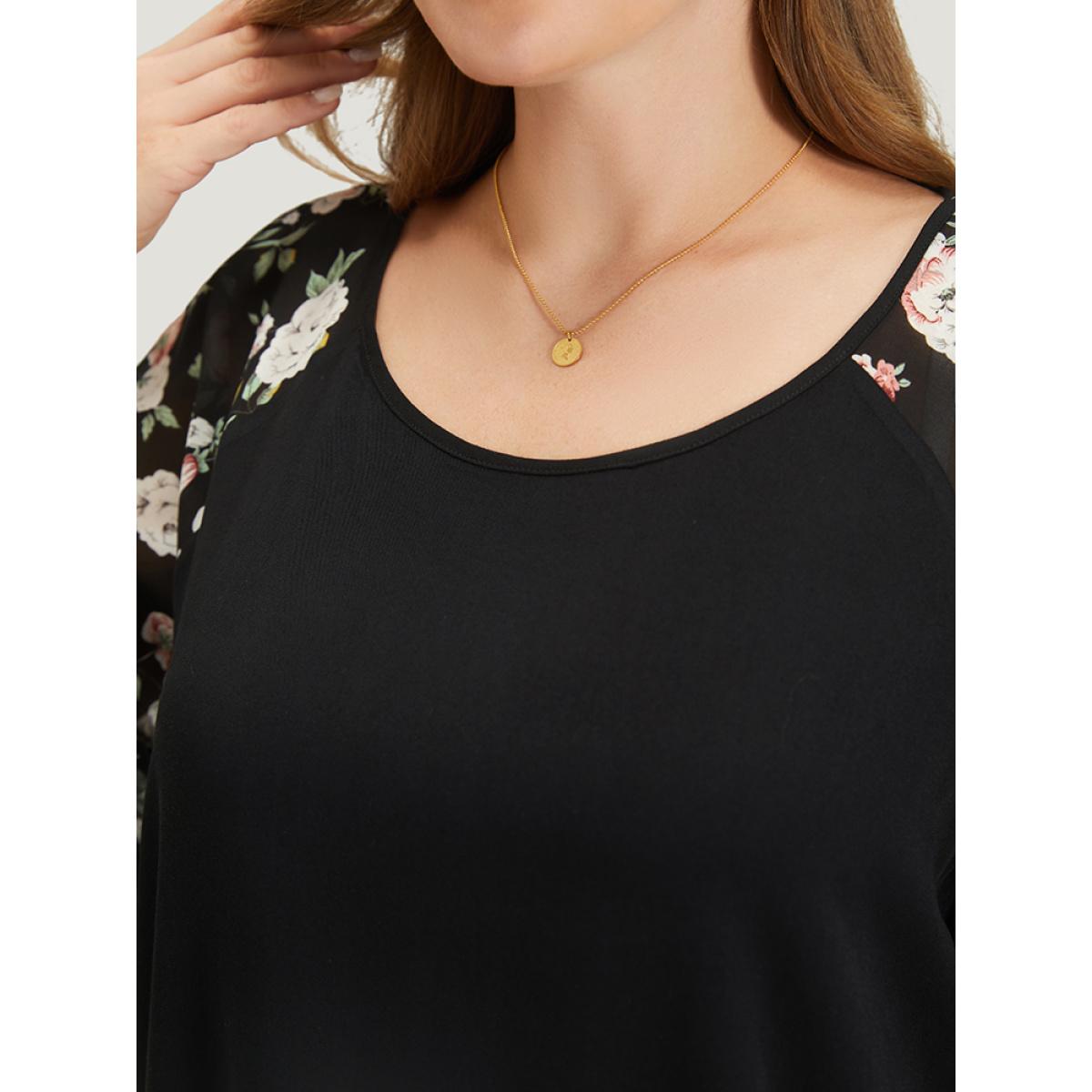 Plus Size Multicolor Floral & Polka Dot Flutter Trim Patchwork Blouse Women Elegant Half Sleeve Round Neck Dailywear Blouses BloomChic 26/4X Product Image