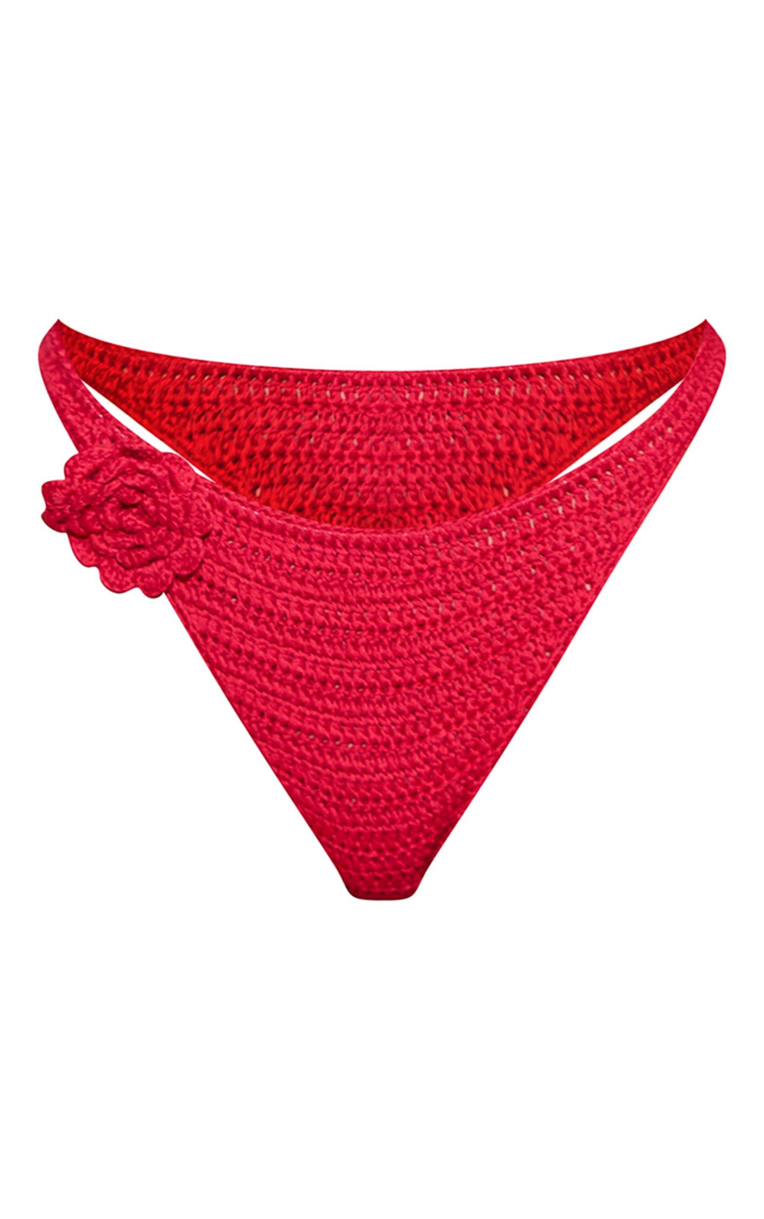 Red Crochet Applique Flower High Leg Bikini Bottoms Product Image