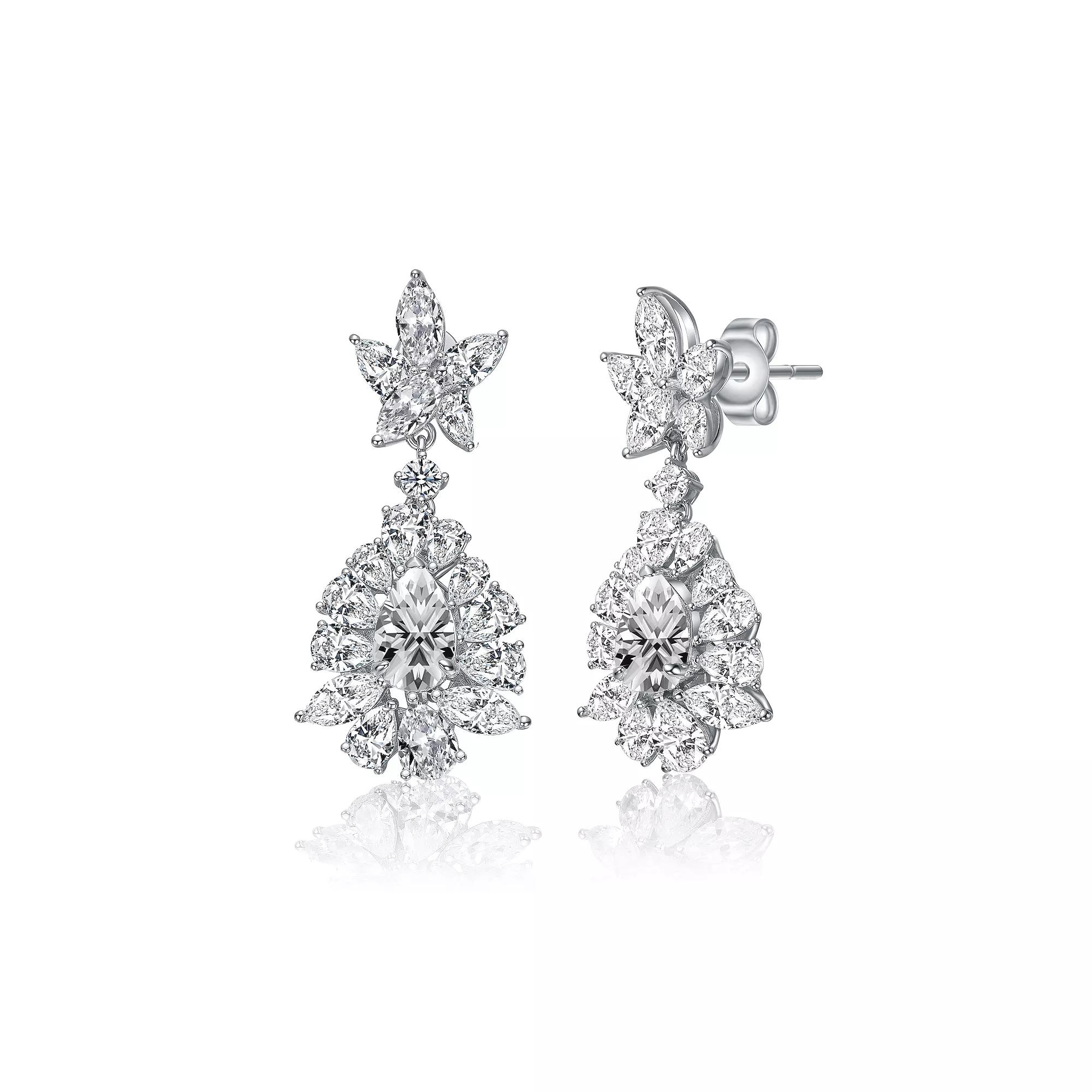 14k White Gold Plated Cubic Zirconia Snowflake Cluster Drop Earrings, Women's, Silver Tone Product Image