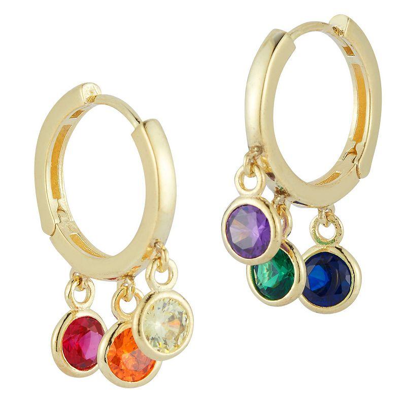 Sunkissed Sterling Cubic Zirconia Dangle Charm Huggie Hoop Earrings, Women's, Gold Tone Rainbow Product Image