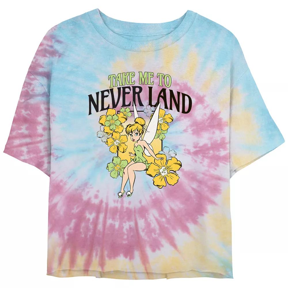 Disney's Tinker Bell Take Me To Never Land Flowers Juniors' Cropped Tie Dye Graphic Tee, Women's, Size: Medium, Blue Pink Light Yellow Product Image