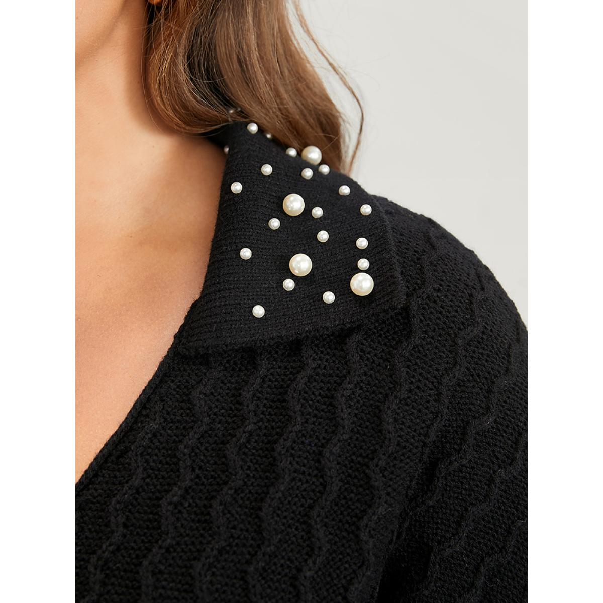 Plus Size Solid Pointelle Knit Pearls Beaded Collar Neck Knit Top Black Women Elegant Long Sleeve Lapel Collar Dailywear Pullovers BloomChic 10/M Product Image