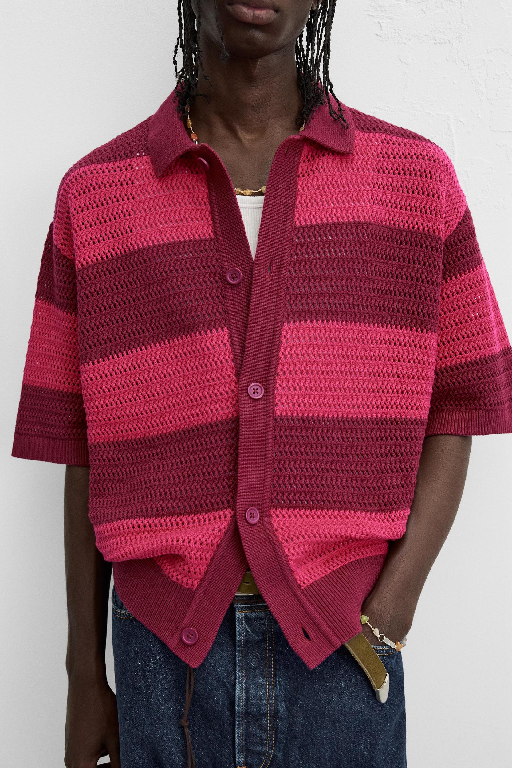 STRIPED OPEN KNIT SHIRT Product Image