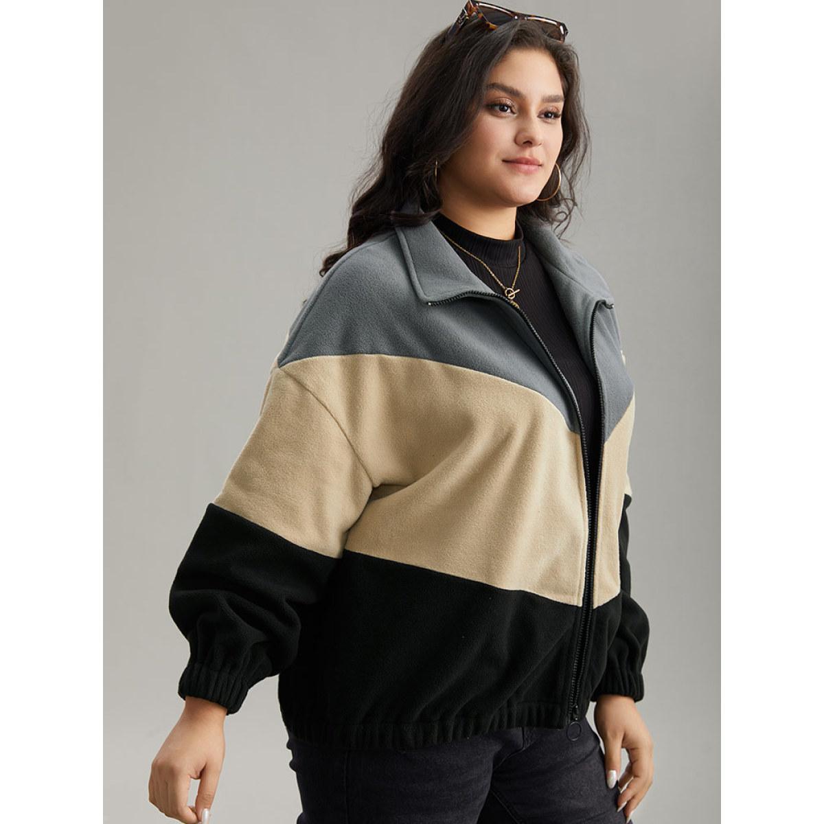 Plus Size Colorblock Contrast Zipper Drop Shoulder Jacket Women Gray Elastic cuffs Dailywear Jackets BloomChic 18-20/2X Product Image