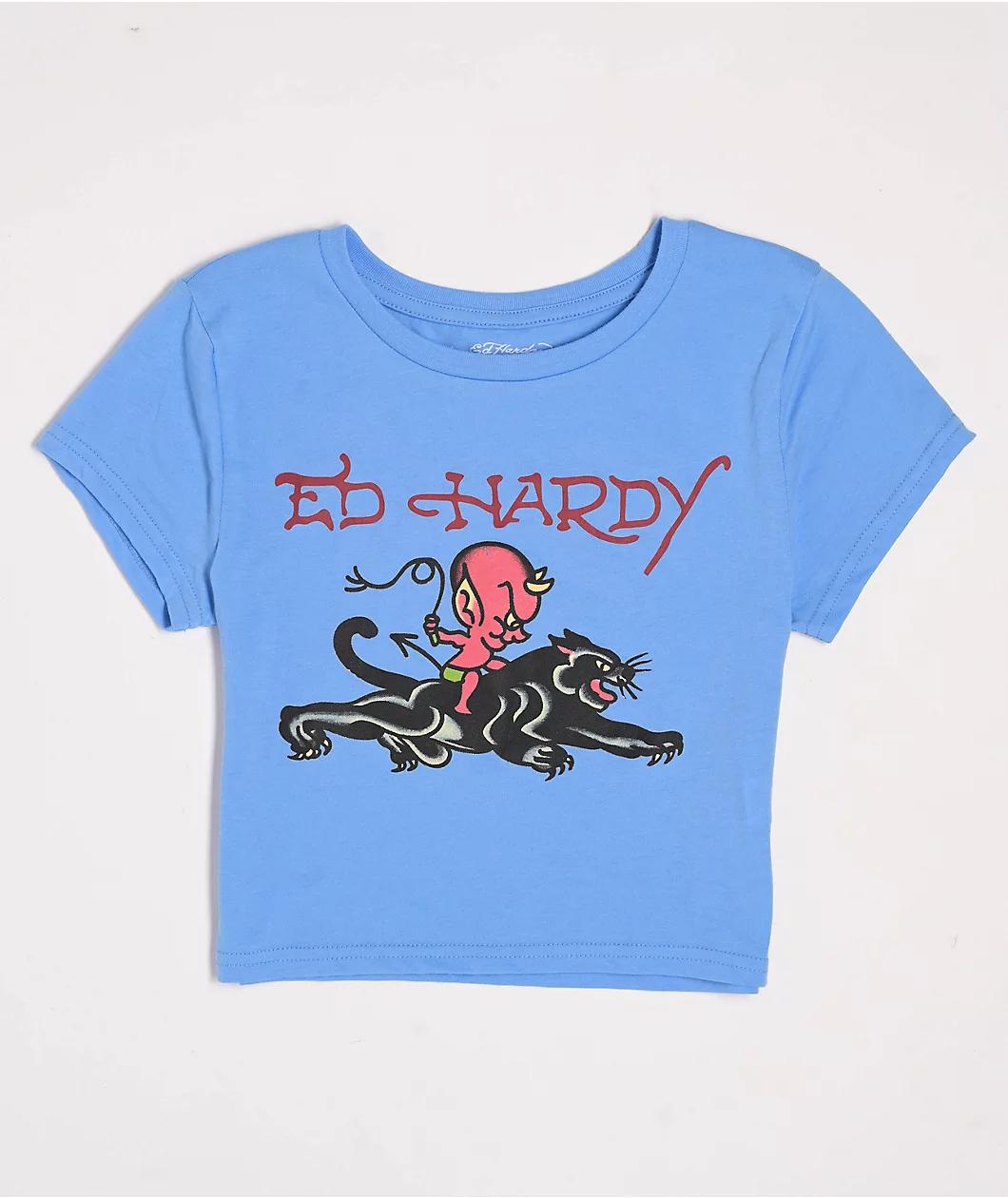 Ed Hardy Devil Panther Powder Blue Crop T-Shirt Product Image